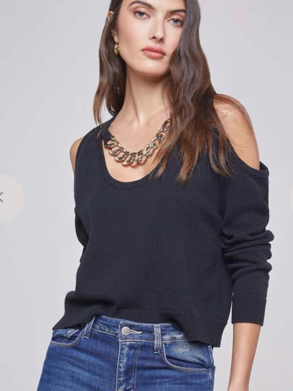 L'Agence Indy Black Cold Shoulder Sweater with Gold Chain NWT